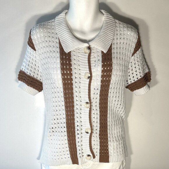 Brown & White Stripe SZ XL button front short sleeve cardigan Preppy Academia - Picture 1 of 8